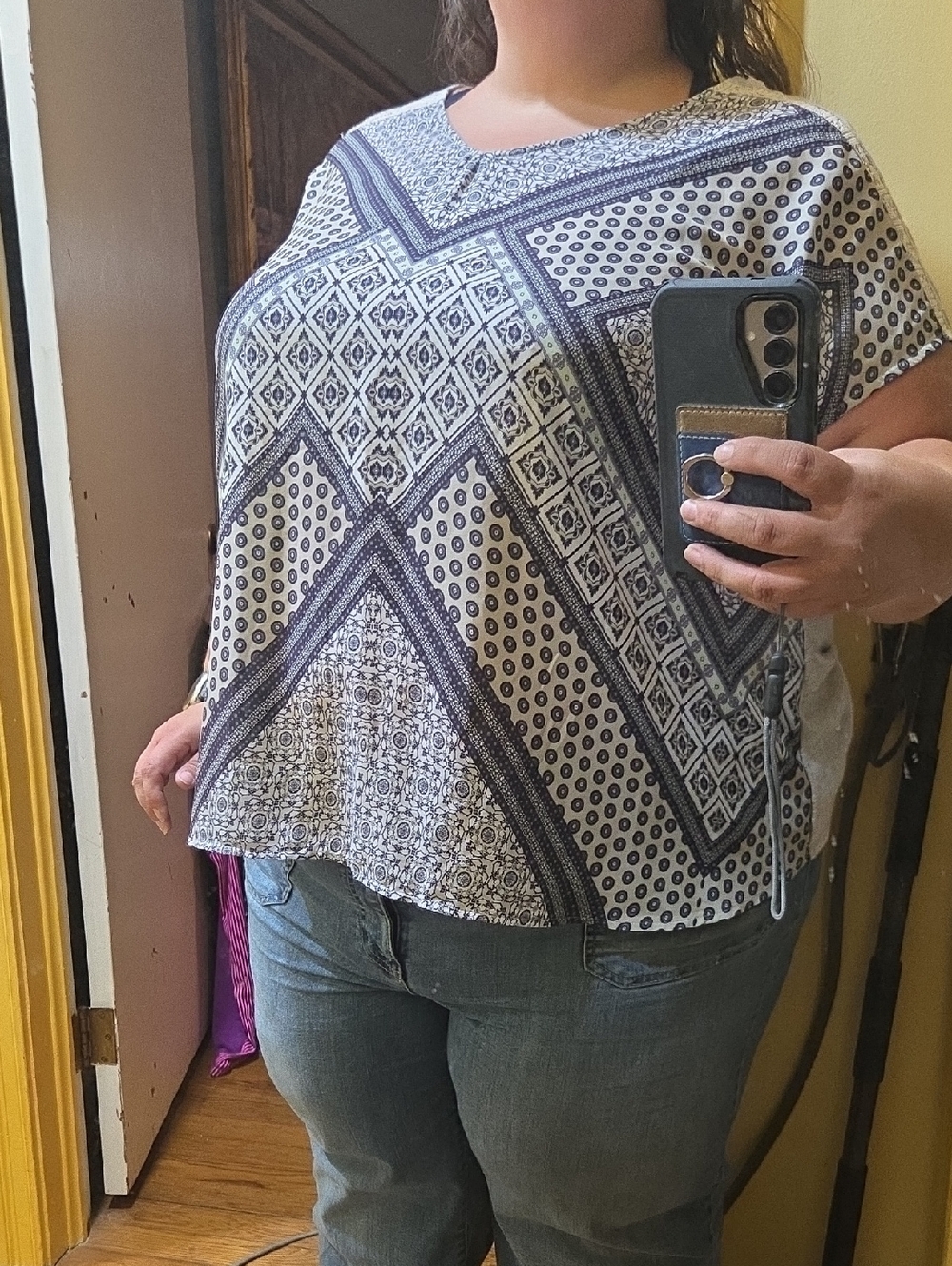 Maurices Navy and White Geometric Short Sleeve Blouse
